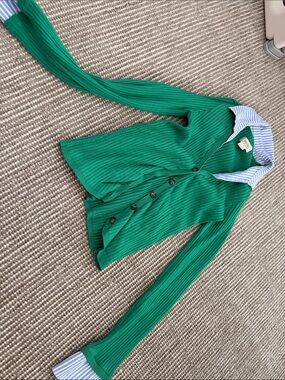 Anthropologie Green Ribbed Button-Up Cardigan with Striped Collar